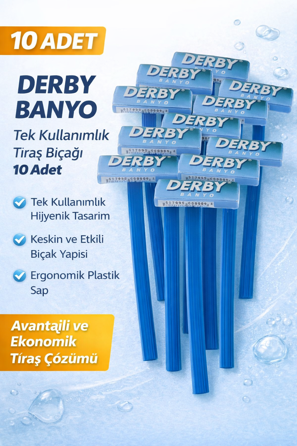 Derby Banyo Tek Kullanımlık Tıraş Bıçağı 10 Adet Plastik Saplı Ekonomik Pratik Tıraş Jileti