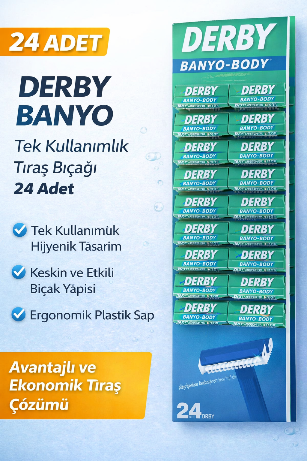 Derby Banyo Tek Kullanımlık Tıraş Bıçağı 24 Adet Paket Plastik Saplı Ekonomik Tıraş Jileti