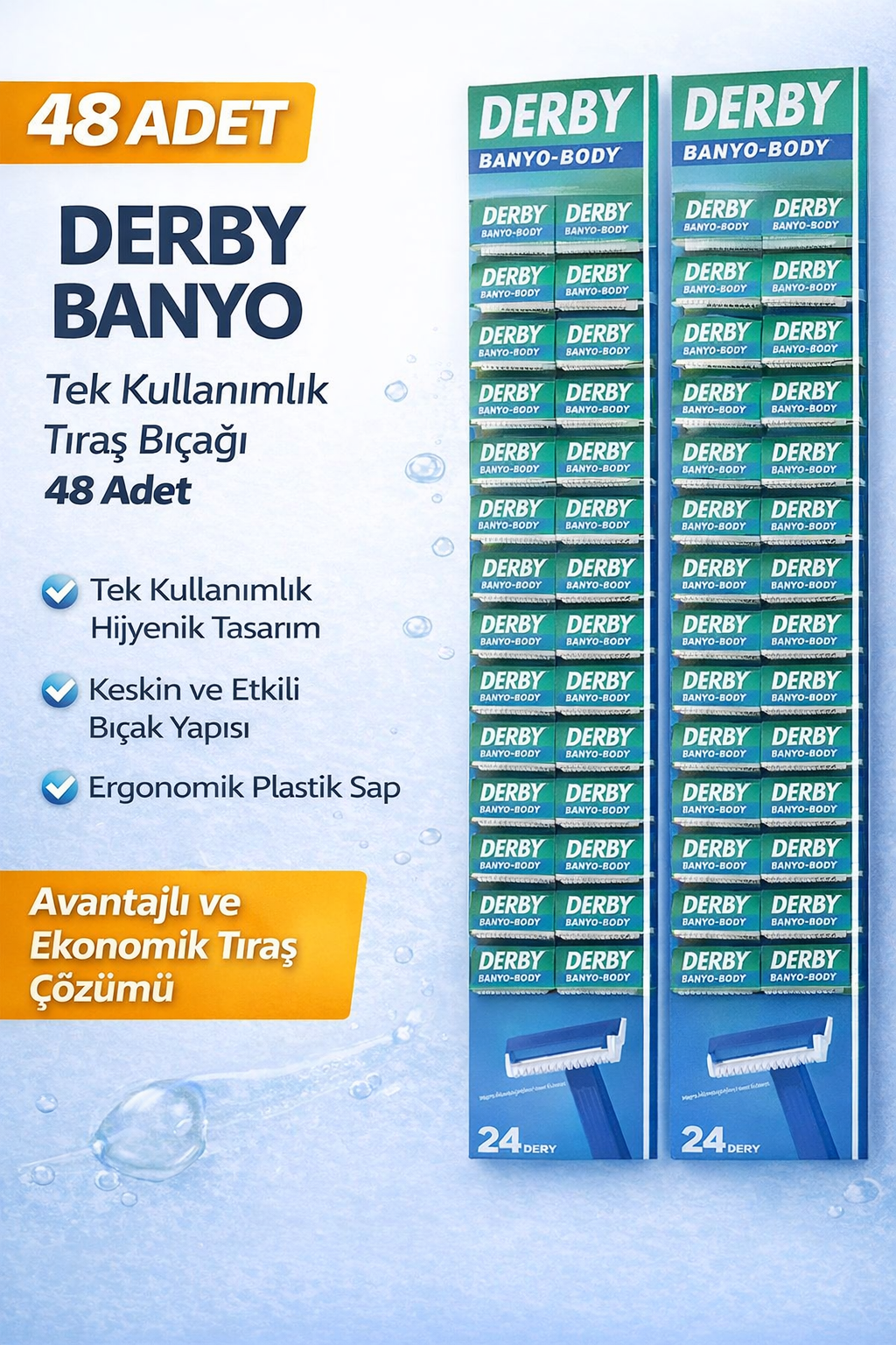 Derby Banyo Tek Kullanımlık Tıraş Bıçağı 48 Adet Ekonomik Paket Plastik Saplı Tıraş Jileti