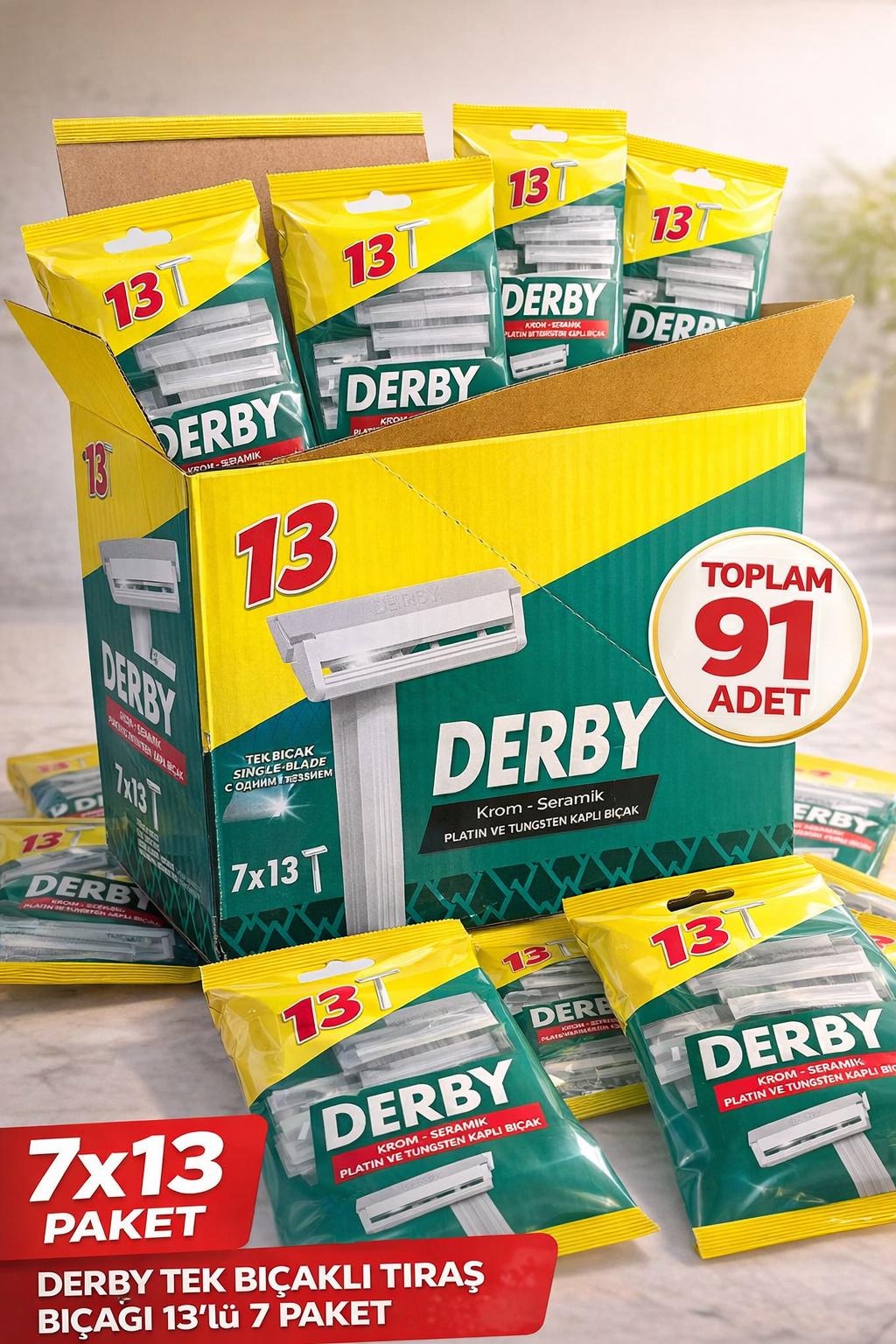 Derby Tek Bıçaklı Tıraş Bıçağı 13’lü 7 Paket 91 Adet Krom Seramik Platin ve Tungsten Kaplı Ekonomik Set