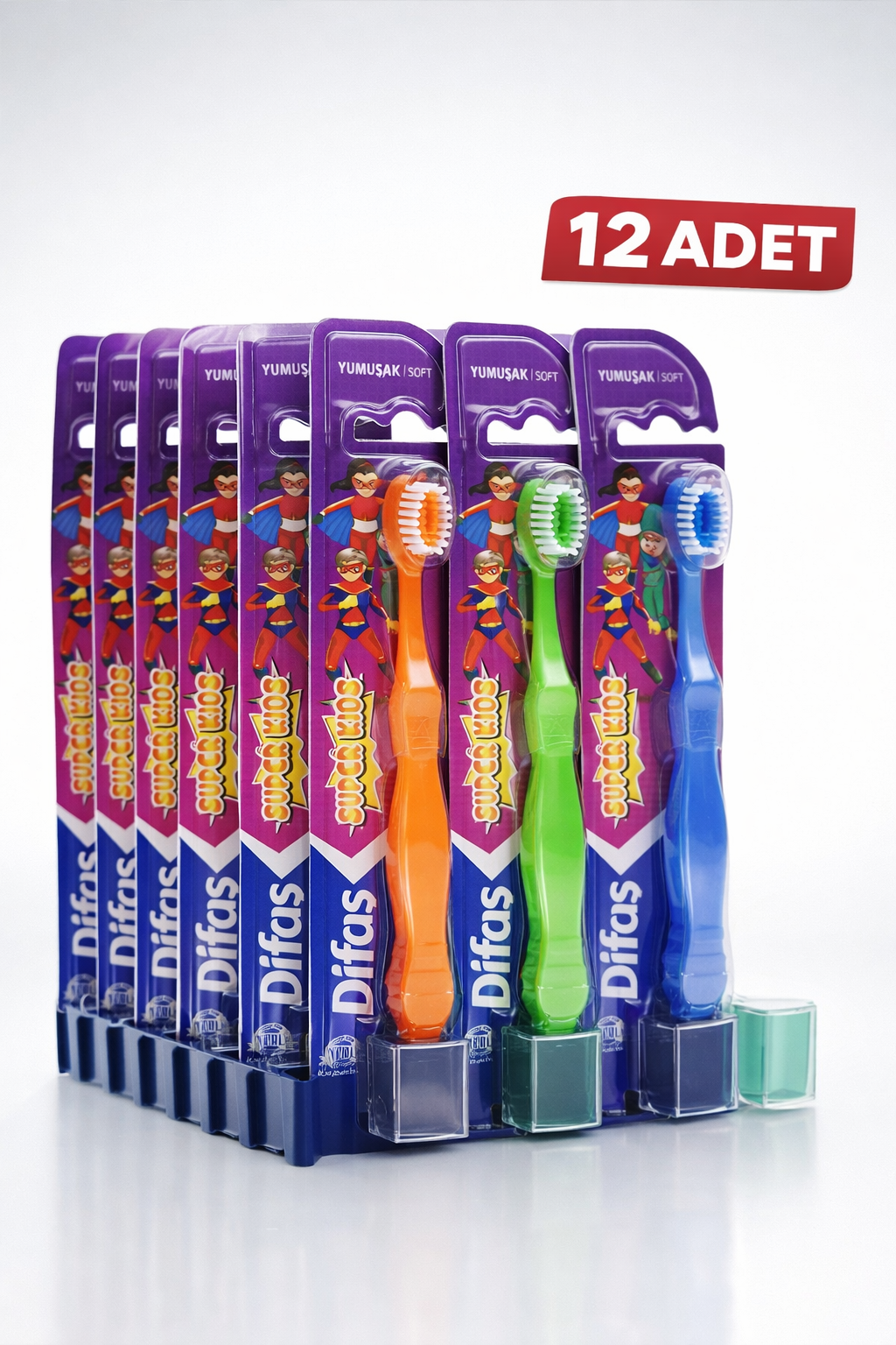 Difaş Kids Çocuk Diş Fırçası 12 Adet Standlı Yumuşak Kıllı Koruyucu Kapaklı Toplu Paket