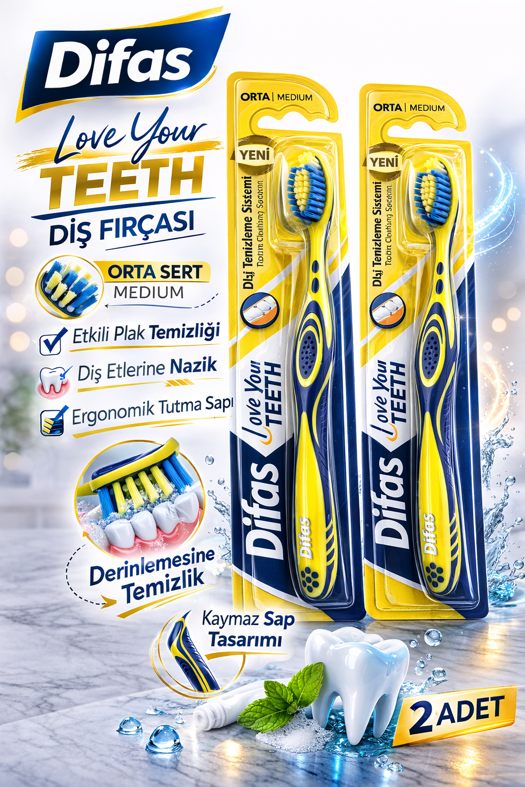 Difaş Love Your Teeth Diş Fırçası 2 Adet Orta Sert Medium Ergonomik Saplı Manuel Diş Fırçası