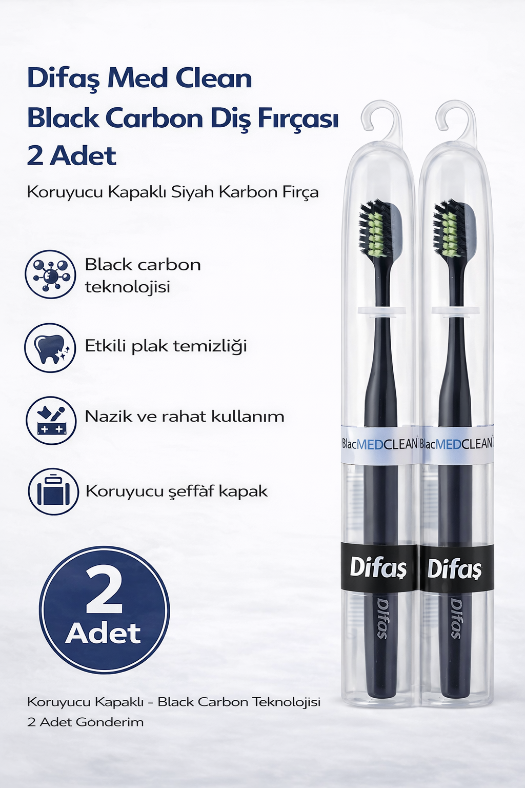 Difaş Med Clean Black Carbon Diş Fırçası 2 Adet Koruyucu Kapaklı Siyah Karbon Fırça Seti