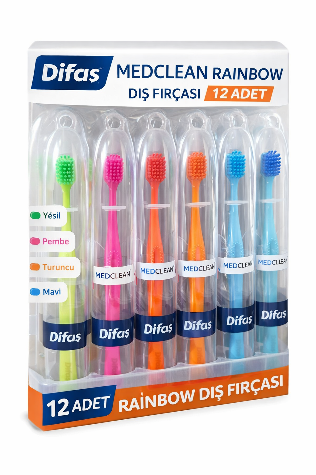 Difaş Medclean Rainbow Diş Fırçası 12 Adet Standlı Orta Sert Renkli Yetişkin Diş Fırçası Seti
