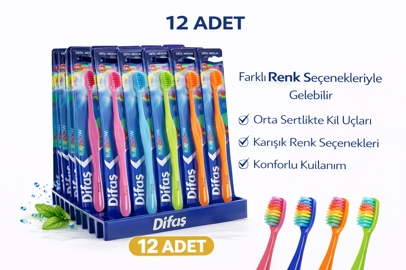 Difas Rainbow Orta Sert Diş Fırçası Medium 12ADET