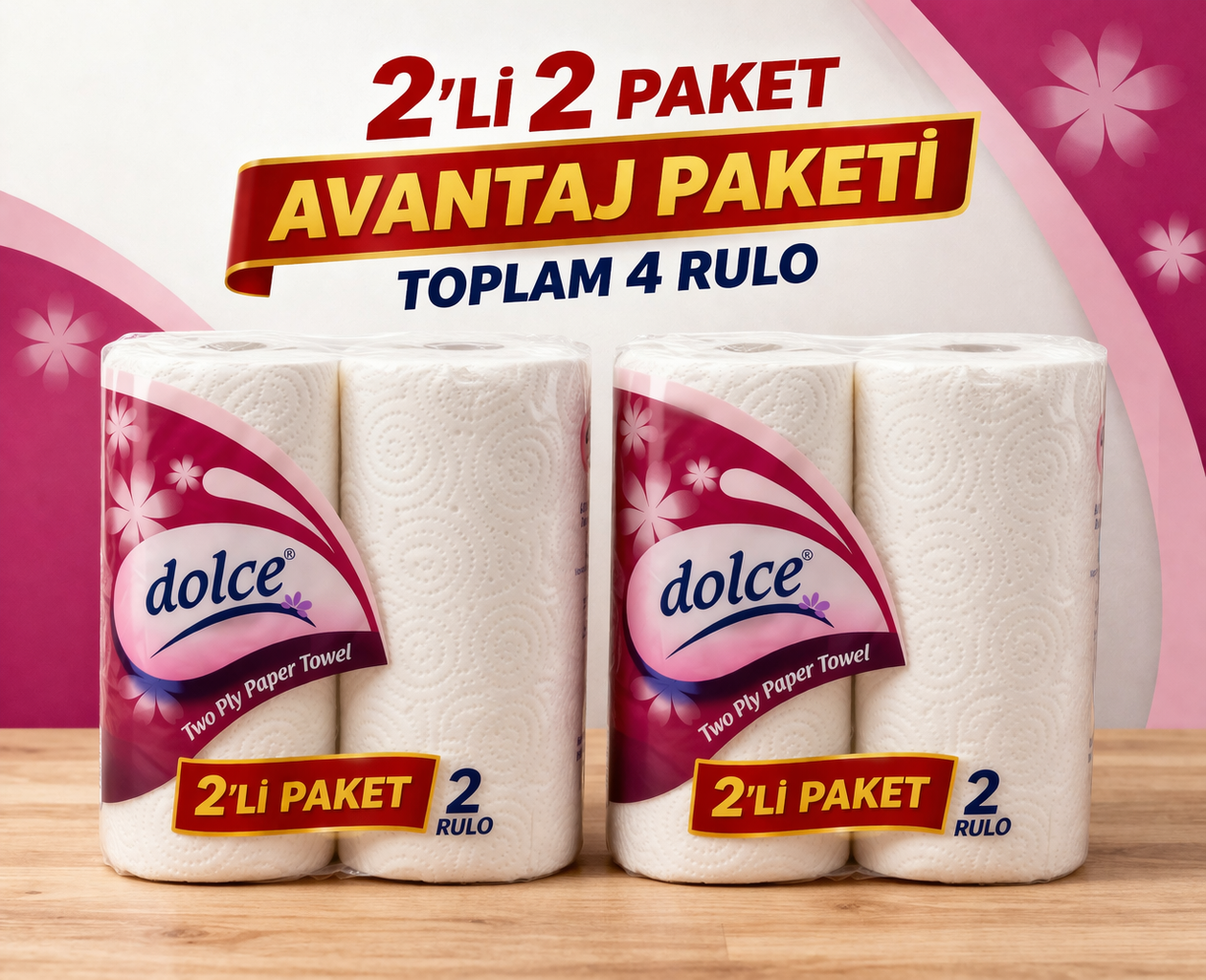 Dolce Çift Katlı Kağıt Havlu 2'li Rulo 2 Paket Yüksek Emicili Çok Amaçlı Kağıt Havlu