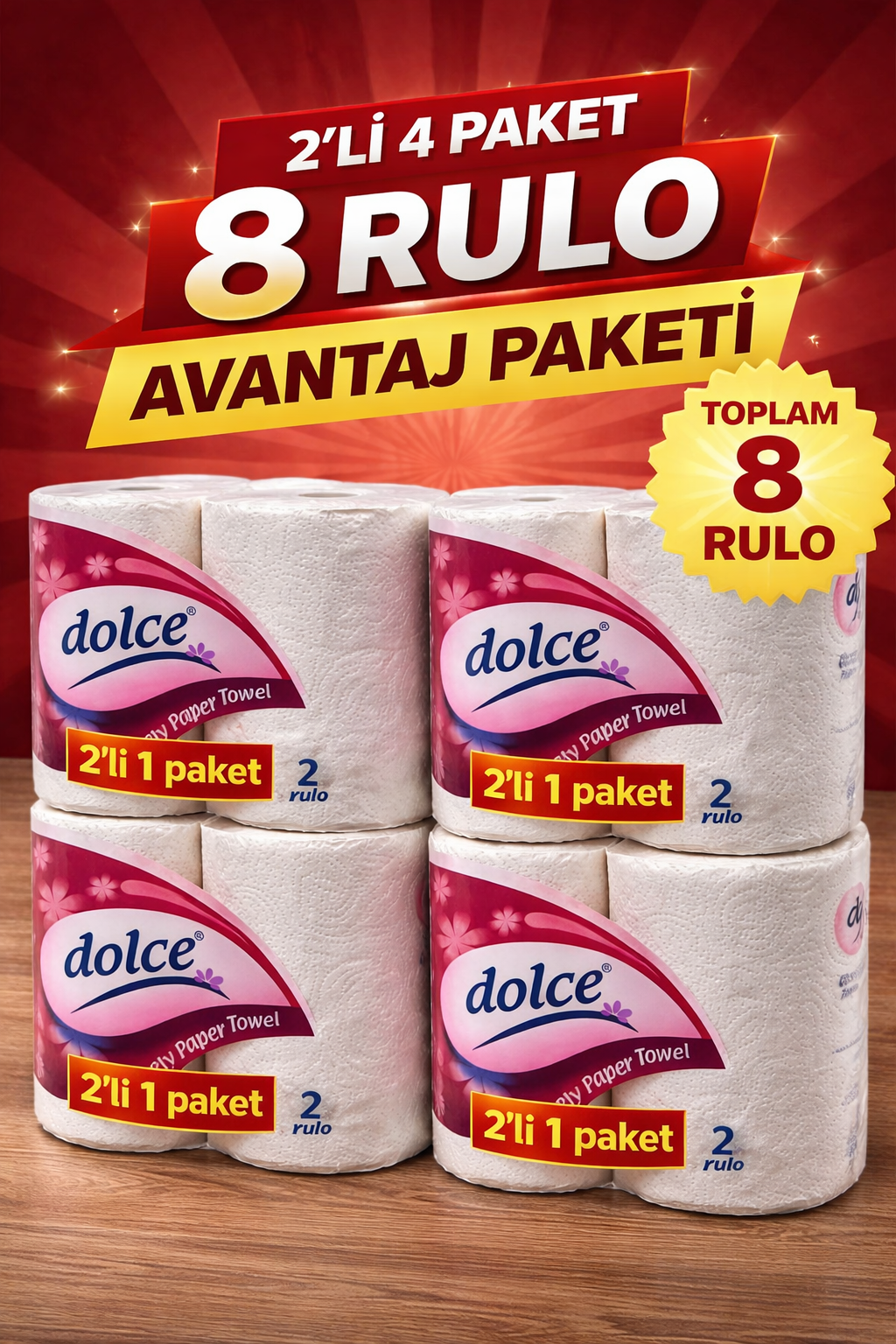 Dolce Çift Katlı Kağıt Havlu 2'li Rulo 4 Paket Yüksek Emicili Çok Amaçlı Kağıt Havlu