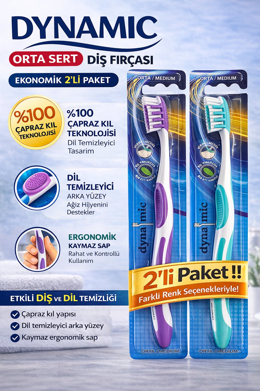 Dynamic Orta Sert Diş Fırçası 2 Adet Medium Çapraz Kıl Teknolojili Dil Temizleyicili Ergonomik Saplı Diş Fırçası