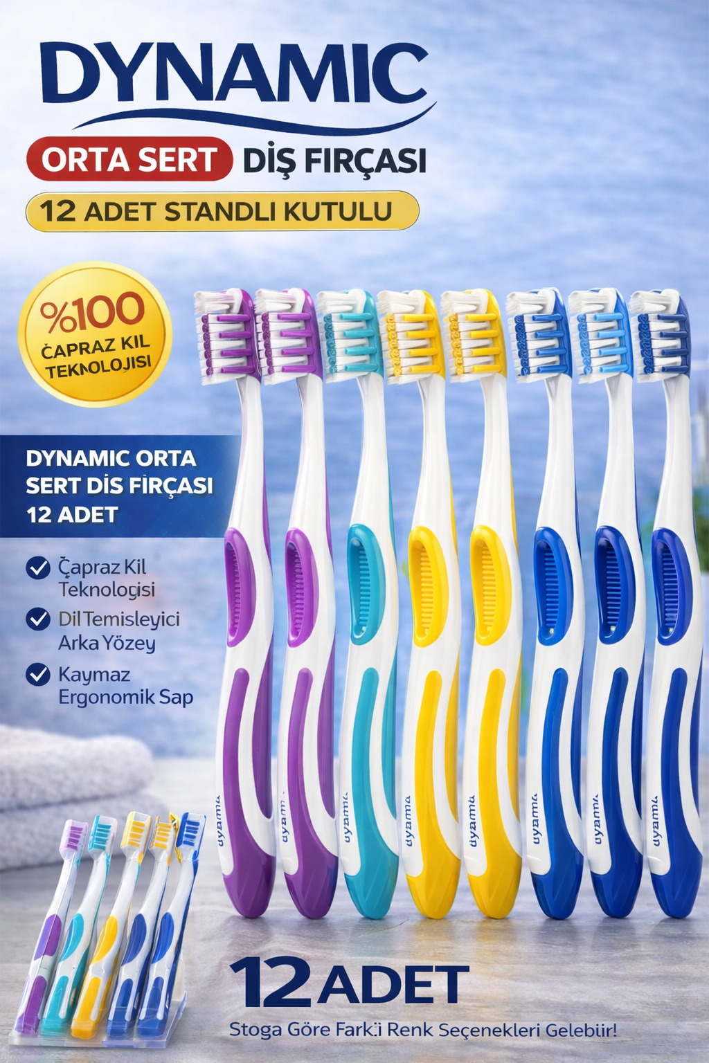 Dynamic Orta Sert Diş Fırçası 12 Adet Standlı Kutulu Medium Çapraz Kıl Teknolojili Dil Temizleyicili Ergonomik Saplı Diş Fırçası