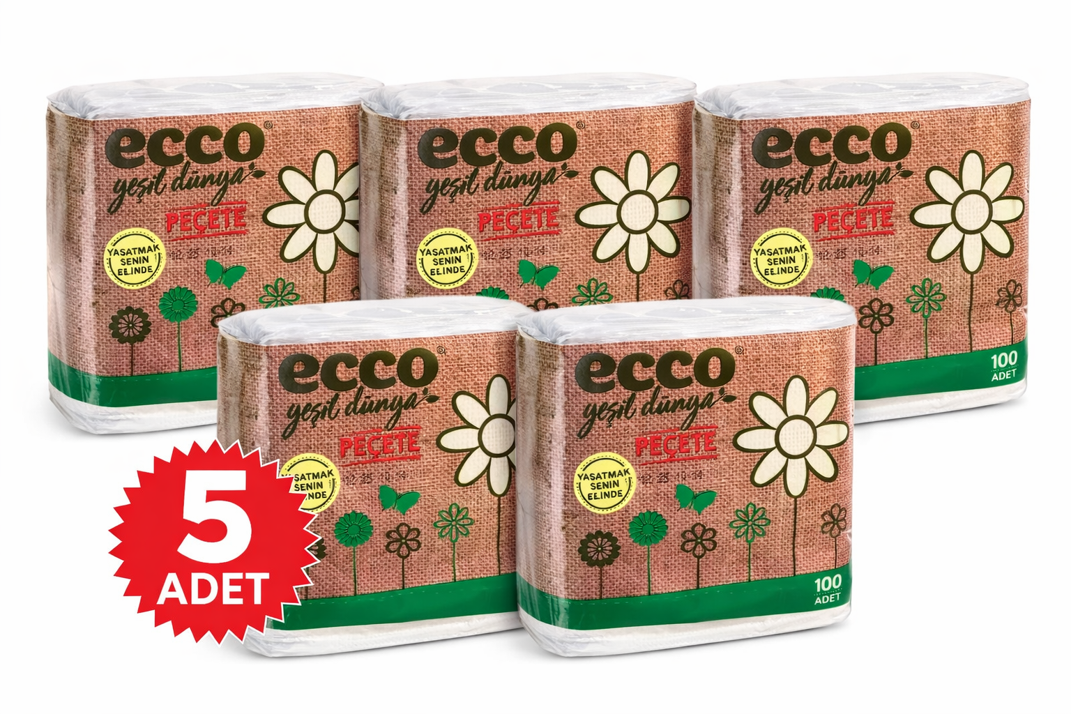 Ecco Green Kağıt Peçete 100'lü 5 Adet 23x25 cm Ekonomik Paket