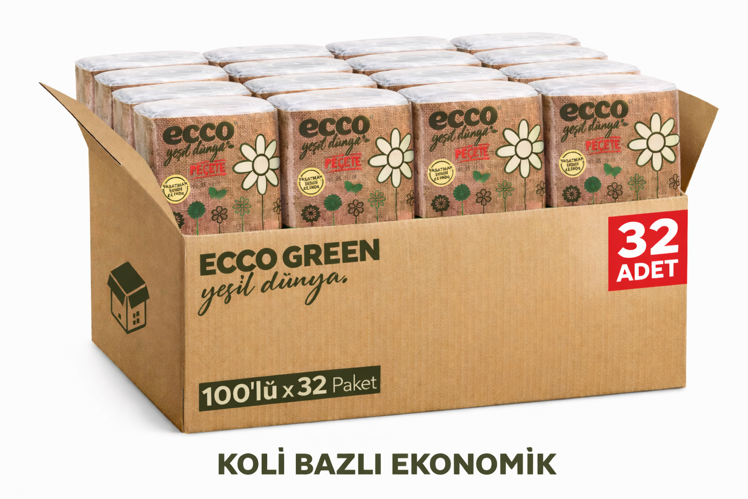 ECCO GREEN Yeşil Dünya Peçete 100'lü 32 Paket Koli Ekonomik Toplu Satış