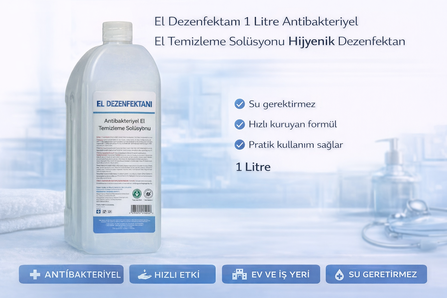 El Dezenfektanı 1 Litre Antibakteriyel El Temizleme Solüsyonu Hijyenik Dezenfektan 1 ADET