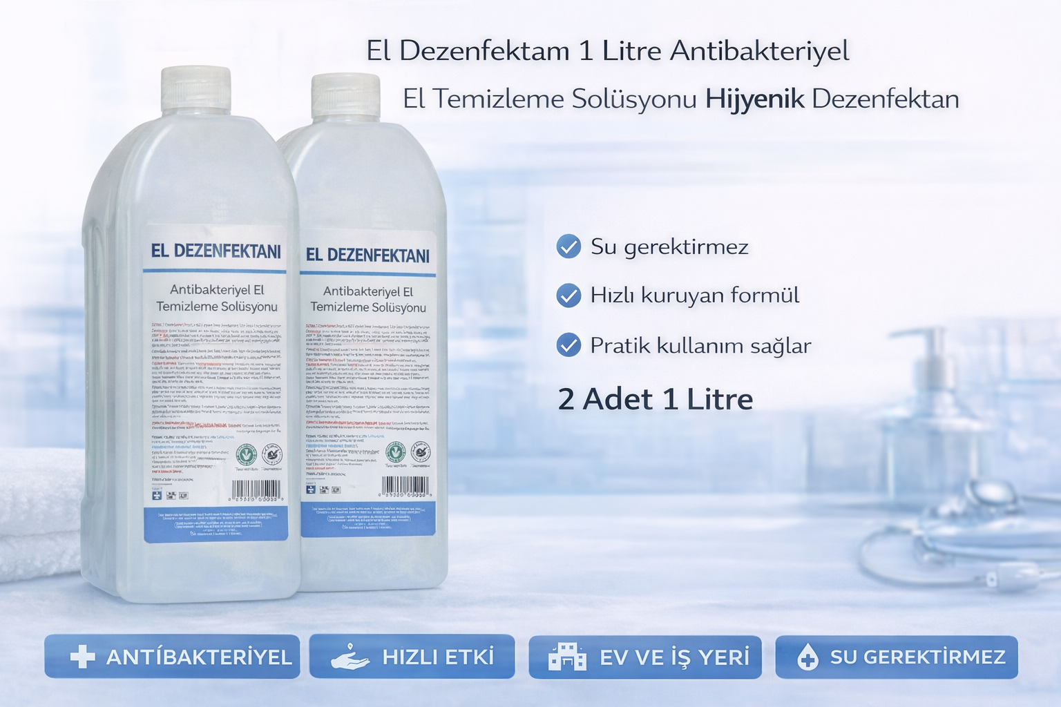 El Dezenfektanı 1 Litre Antibakteriyel El Temizleme Solüsyonu 2 Adet