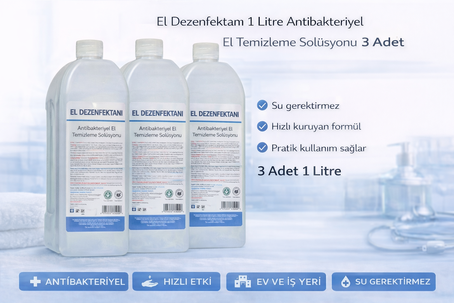El Dezenfektanı 1 Litre Antibakteriyel El Temizleme Solüsyonu 3 Adet
