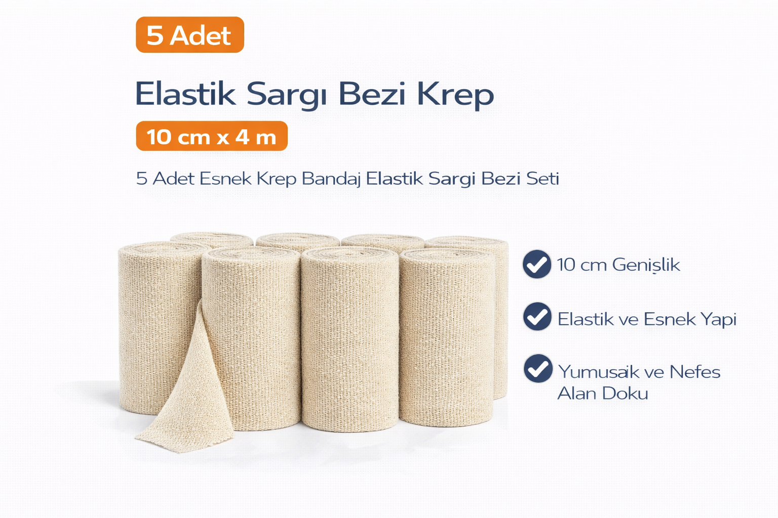Elastik Sargı Bezi Krep 10 cm x 4 m 5 Adet Esnek Krep Bandaj Elastik Sargı Bezi Seti