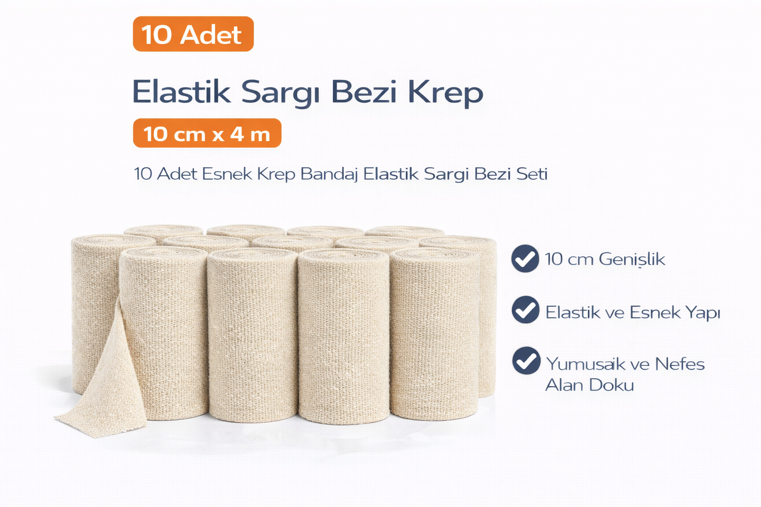 Elastik Sargı Bezi Krep 10 cm x 4 m 10 Adet Esnek Krep Bandaj Elastik Sargı Bezi Seti