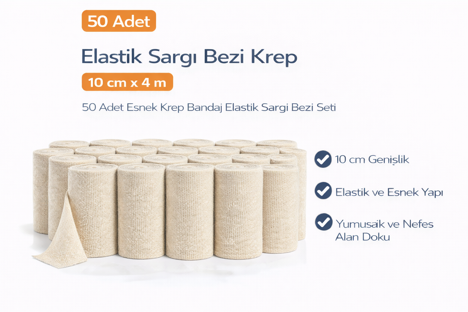Elastik Sargı Bezi Krep 10 cm x 4 m 50 Adet Esnek Krep Bandaj Elastik Sargı Bezi Seti