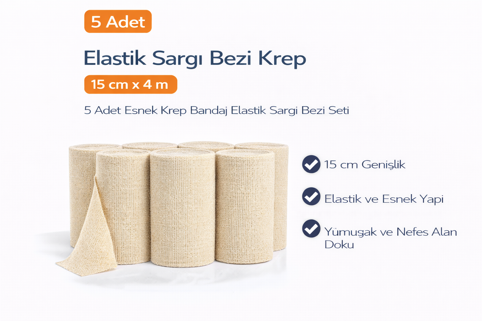 Elastik Sargı Bezi Krep 15 cm x 4 m 5 Adet Esnek Krep Bandaj Elastik Sargı Bezi Seti