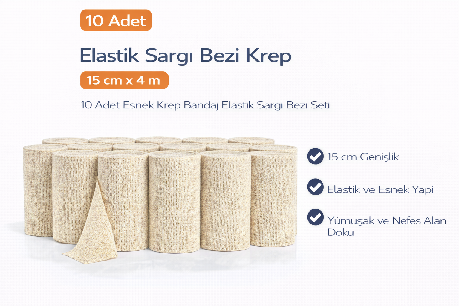 Elastik Sargı Bezi Krep 15 cm x 4 m 10 Adet Esnek Krep Bandaj Elastik Sargı Bezi Seti