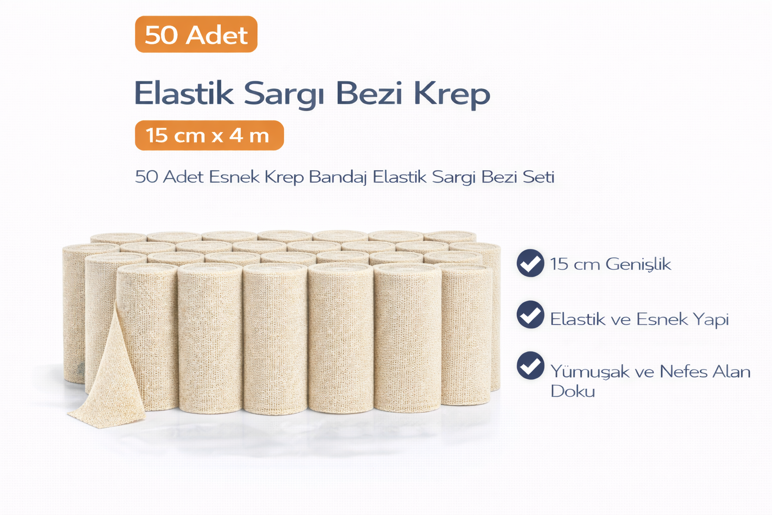 Elastik Sargı Bezi Krep 15 cm x 4 m 50 Adet Esnek Krep Bandaj Elastik Sargı Bezi Seti