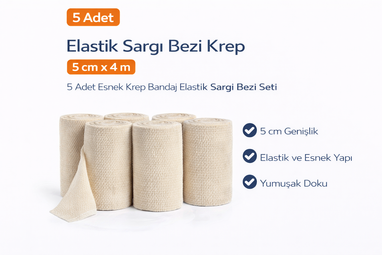 Elastik Sargı Bezi Krep 5 cm x 4 m 5 Adet Esnek Krep Bandaj Elastik Sargı Bezi Seti