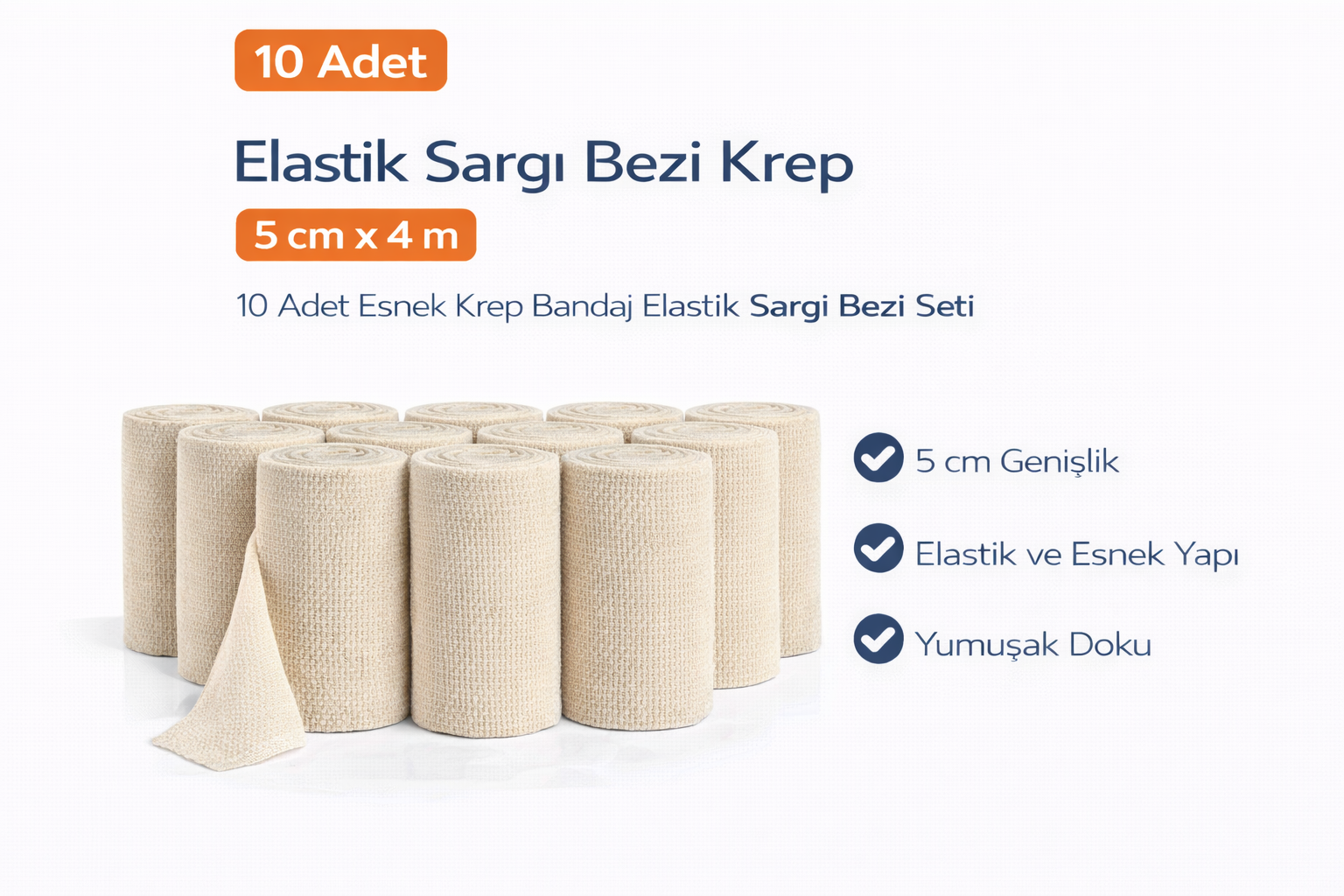 Elastik Sargı Bezi Krep 5 cm x 4 m 10 Adet Esnek Krep Bandaj Elastik Sargı Bezi Seti