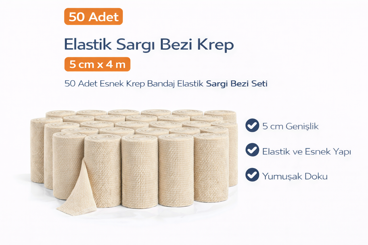 Elastik Sargı Bezi Krep 5 cm x 4 m 50 Adet Esnek Krep Bandaj Elastik Sargı Bezi Seti