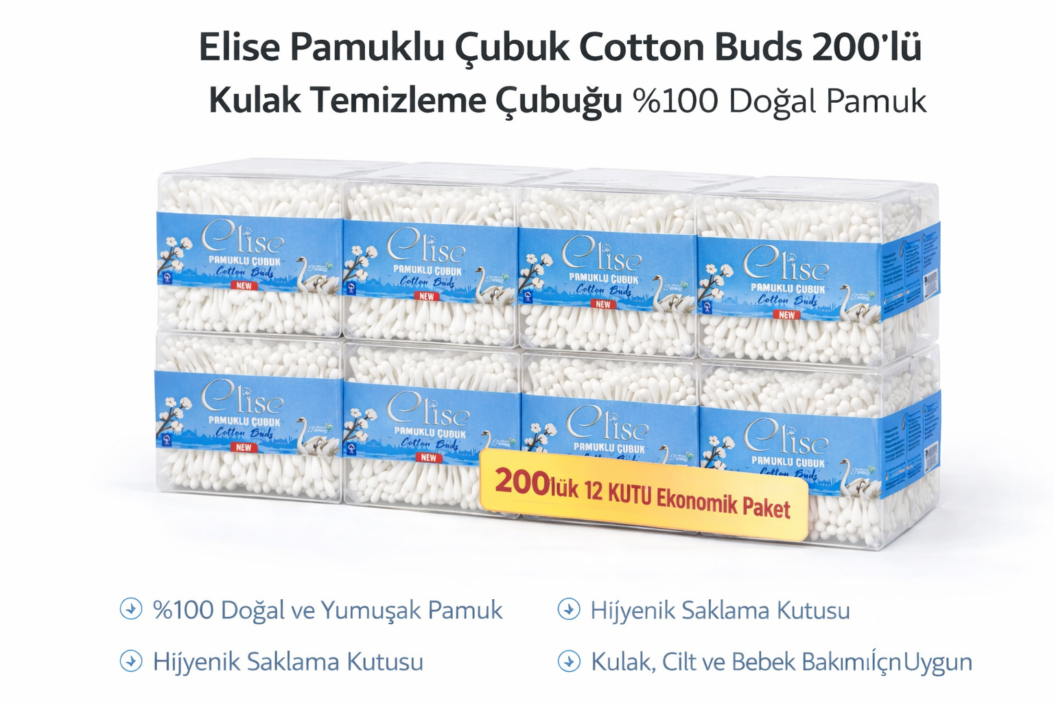 Elise Pamuklu Çubuk Cotton Buds 200'lü Kulak Temizleme Çubuğu Doğal Pamuk 12 Paket