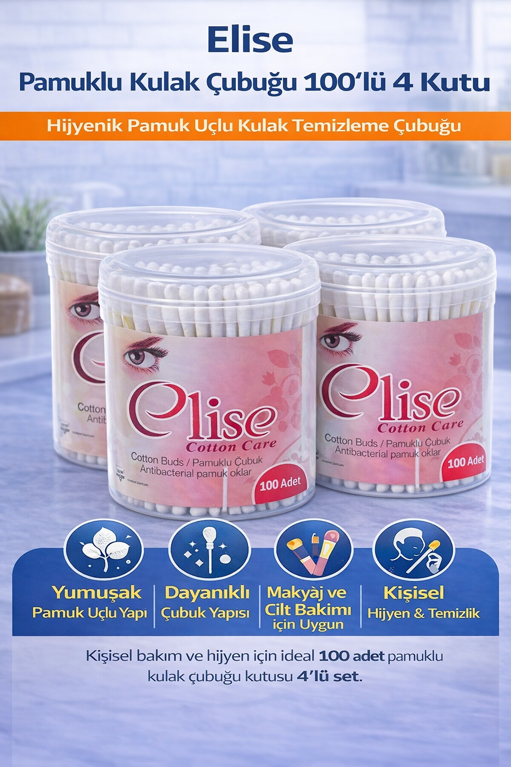 Elise Pamuklu Kulak Çubuğu 100'lü 4 Kutu Toplam 400 Adet Pamuk Uçlu Kulak Temizleme Çubuğu