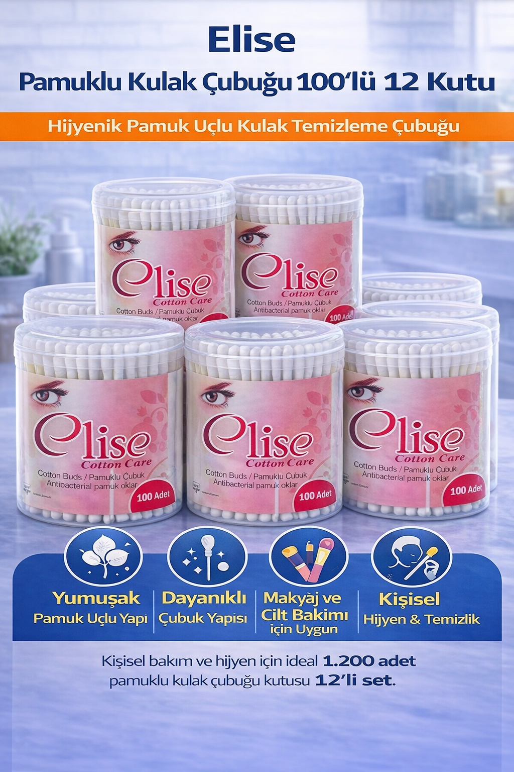 Elise Pamuklu Kulak Çubuğu 100'lü 12 Kutu Toplam 1200 Adet Pamuk Uçlu Kulak Temizleme Çubuğu Seti