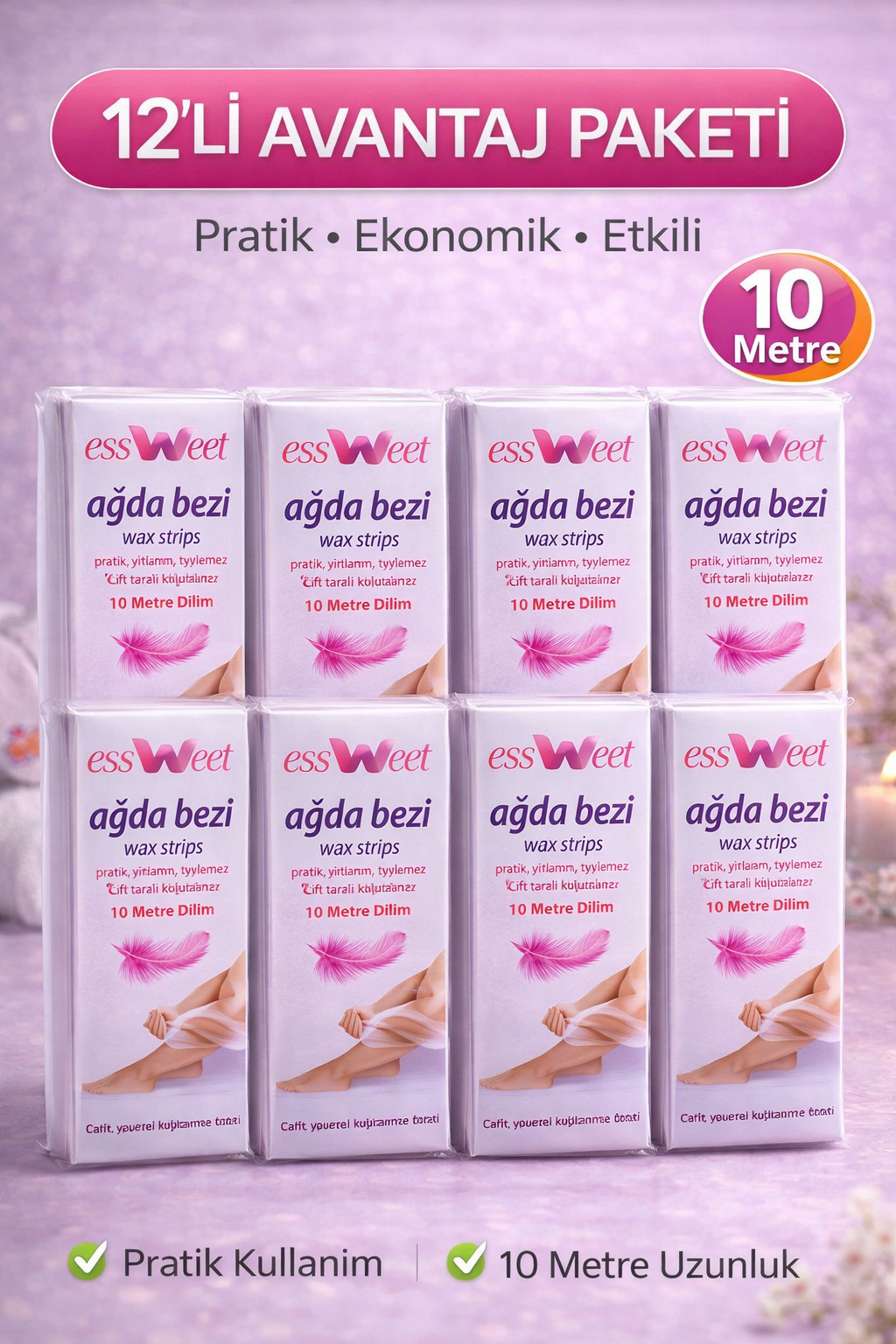 Essweet Ağda Bezi 10 Metre Dilim Profesyonel Epilasyon Bezi Çift Taraflı Kullanım Yırtılmaz Dayanıklı Ağda Bandı 12 Paket