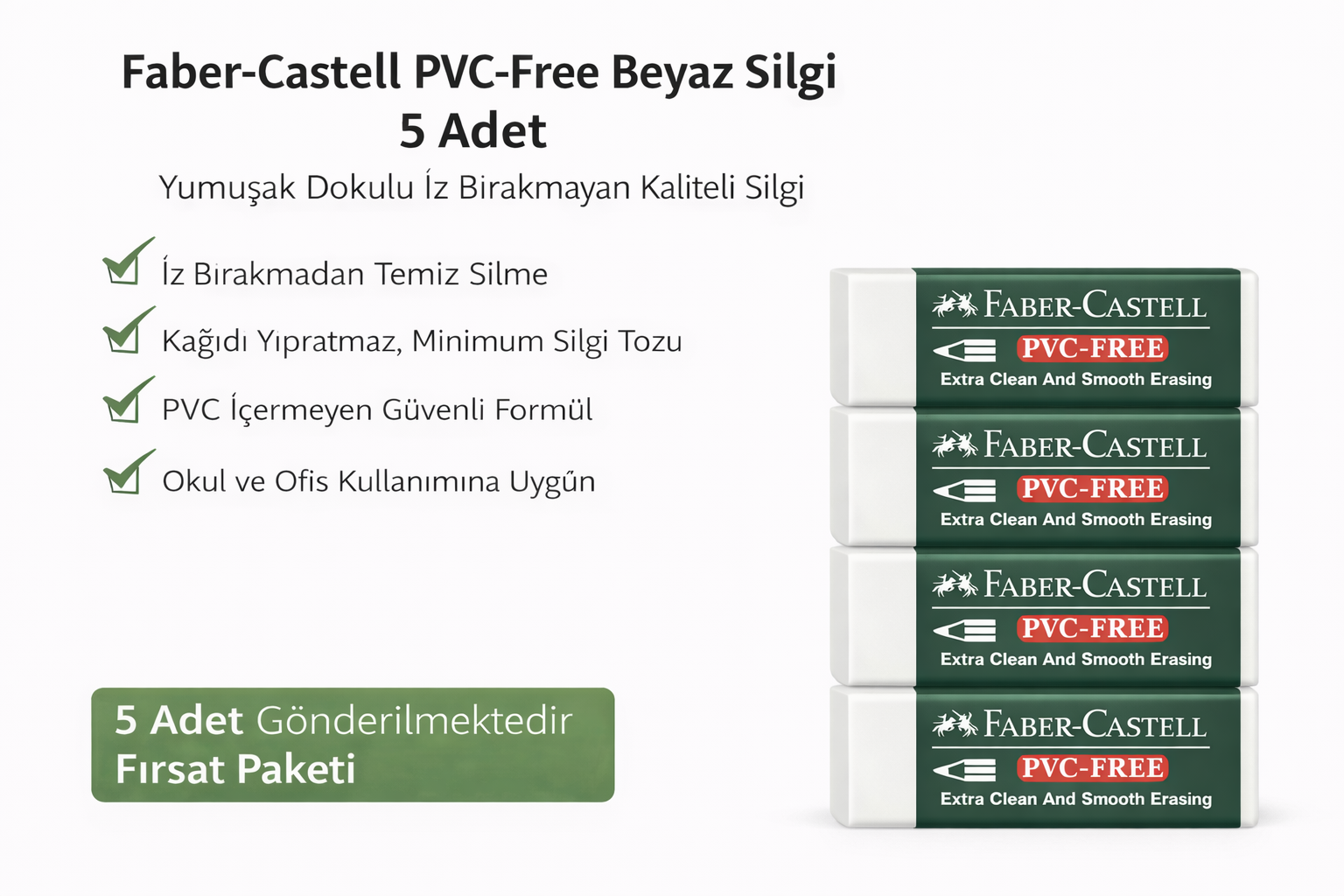 Faber-Castell No24 PVC Free Beyaz Silgi 5 Adet İz Bırakmayan Yumuşak Dokulu Okul Ofis Silgisi