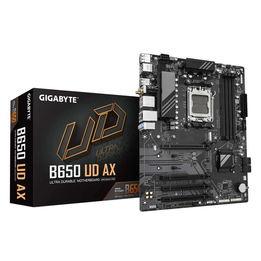 GIGABYTE B650 UD AX, 4xDDR5, 3xM.2, DP, HDMI, Type-C, Wi-Fi 6E, Bluetooth v5.3, AM5 Soket GAMING Anakart