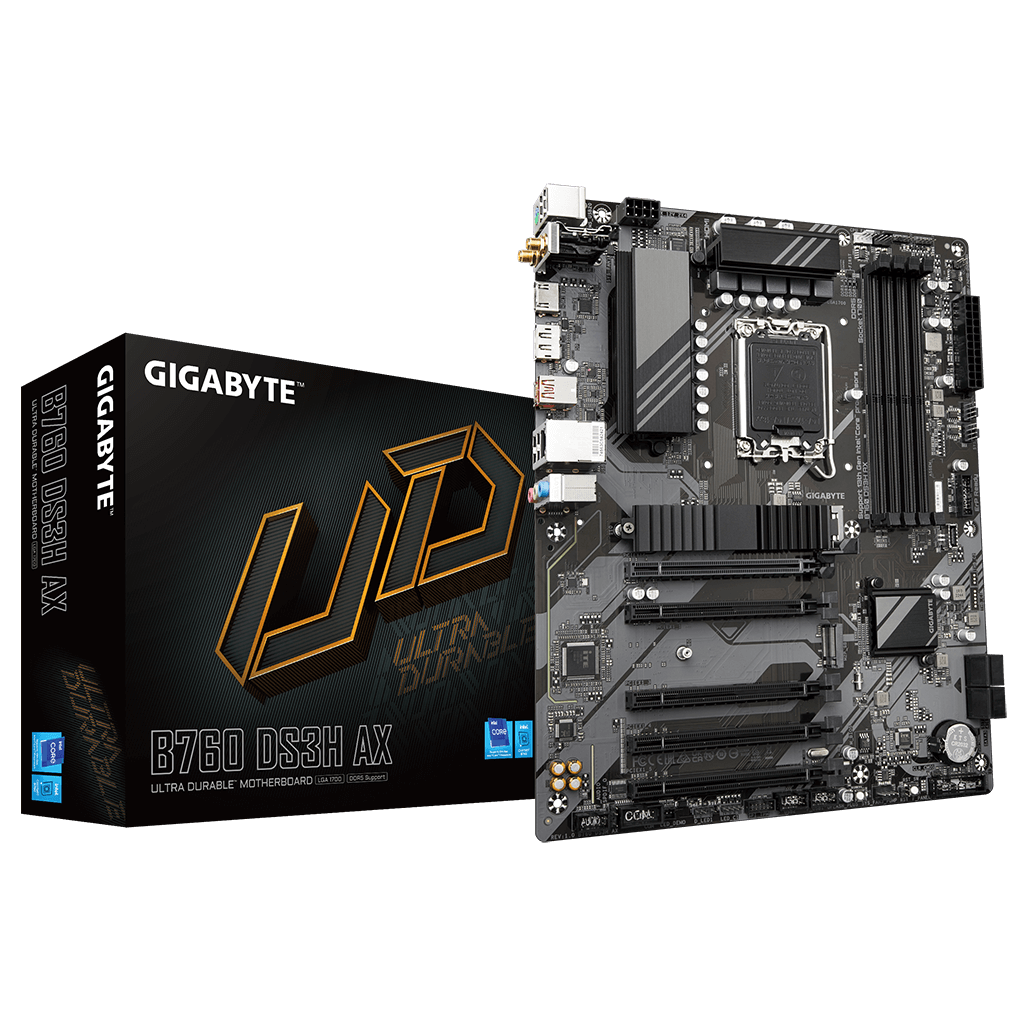 GIGABYTE B760 DS3H AX, rev.1.0, 4xDDR5, 2xM.2, DP, HDMI, Type-C, Wi-Fi 6E, Bluetooth v5.3, 12-13-14.Nesil, LGA1700 Soket, Anakart