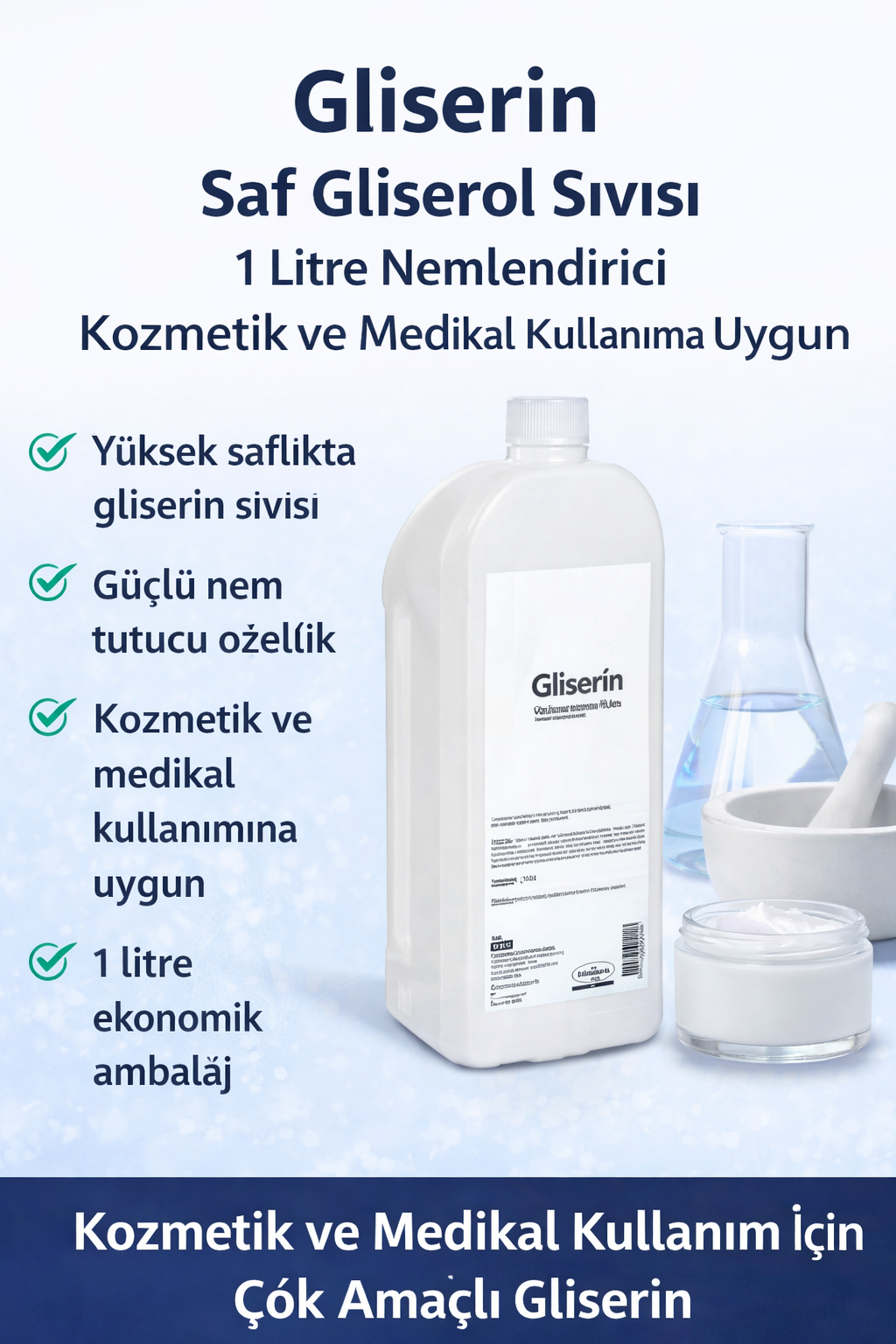 Gliserin Saf Gliserol Sıvısı 1 Litre Nemlendirici Kozmetik ve Medikal Kullanıma Uygun