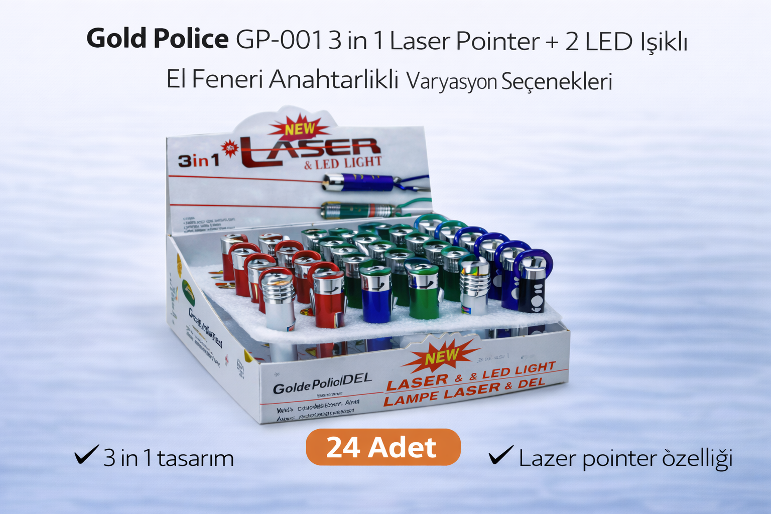 Gold GP-001 3 in 1 Lazer + 2 LED Işıklı El Feneri Anahtarlıklı 24 Adet