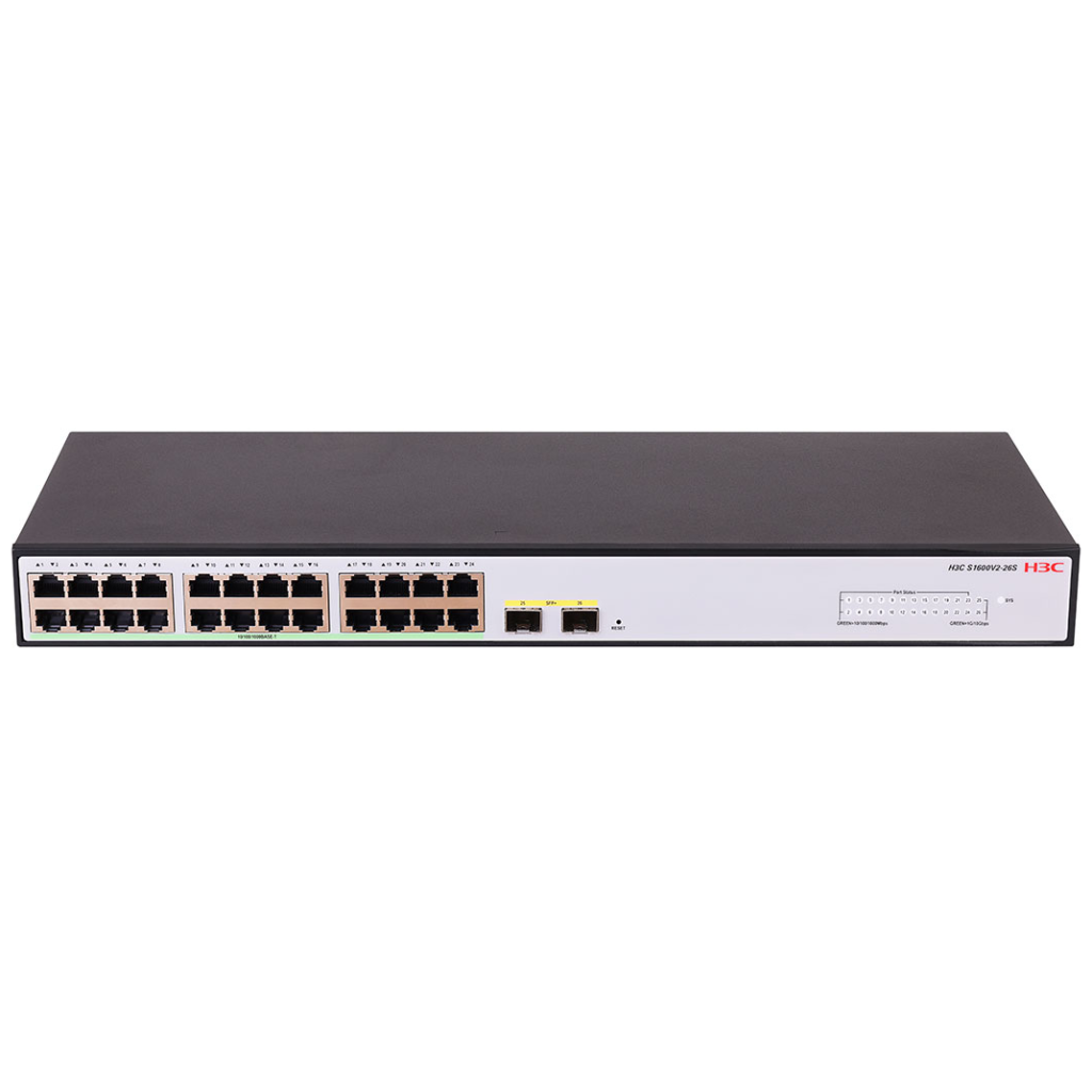 H3C S1600V2-26P-HPWR, 24 Port, GigaBit, PoE 370W, L2, 2 Port GigaBit SFP, Web Yönetilebilir, Masaüstü Switch