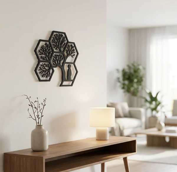 Hayat Ağacı Duvar Tablosu MDF Lazer Kesim Altıgen Geometrik Modern Duvar Süsü