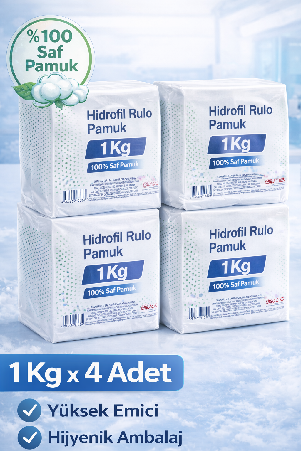 Hidrofil Rulo Pamuk 1 Kg x 4 Adet Saf Pamuk Yüksek Emici Medikal ve Kozmetik Kullanım