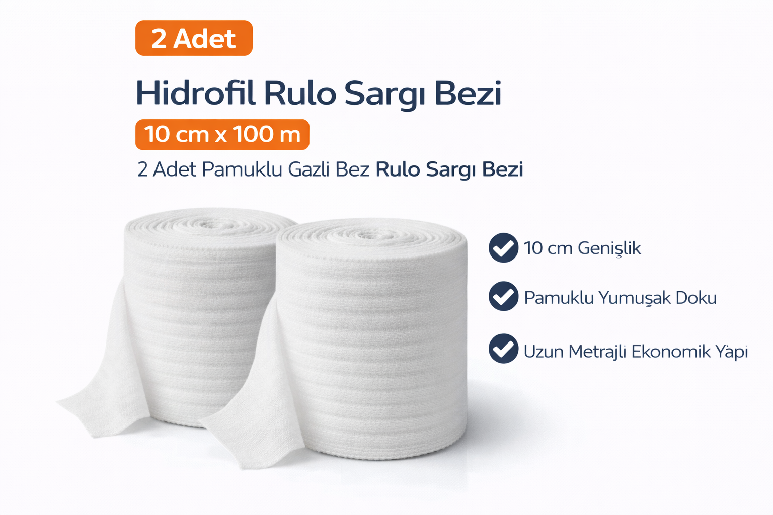 Hidrofil Rulo Sargı Bezi 10 cm x 100 m 2 Adet Pamuklu Gazlı Bez Rulo Sargı Bezi