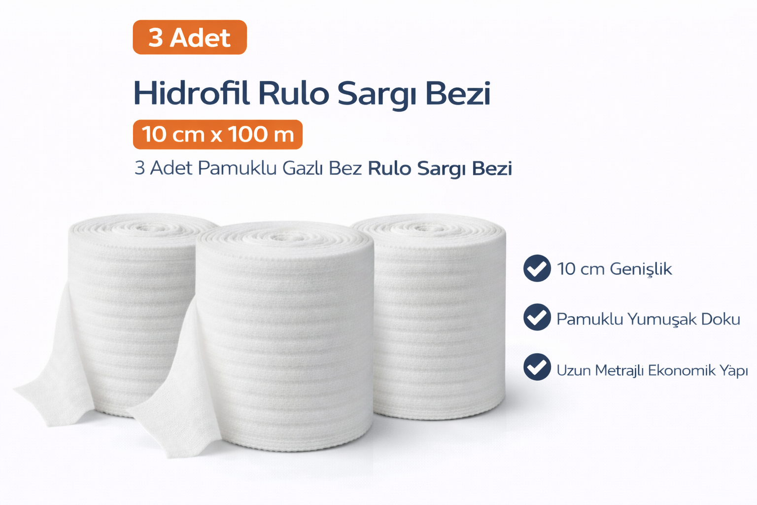 Hidrofil Rulo Sargı Bezi 10 cm x 100 m 3 Adet Pamuklu Gazlı Bez Rulo Sargı Bezi