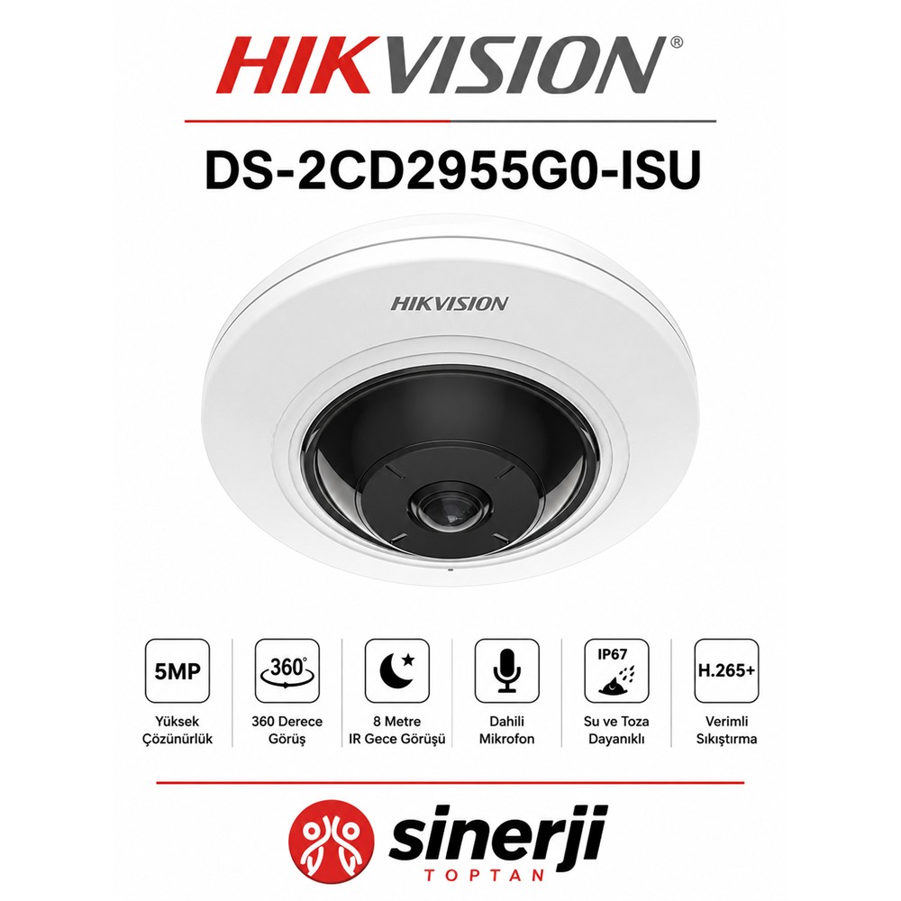 HIKVISION DS-2CD2955G0-ISU 5MP 1.05MM LENS 360 DERECE 8 METRE IR DAHİLİ MİKROFON FISHEYE IP KAMERA