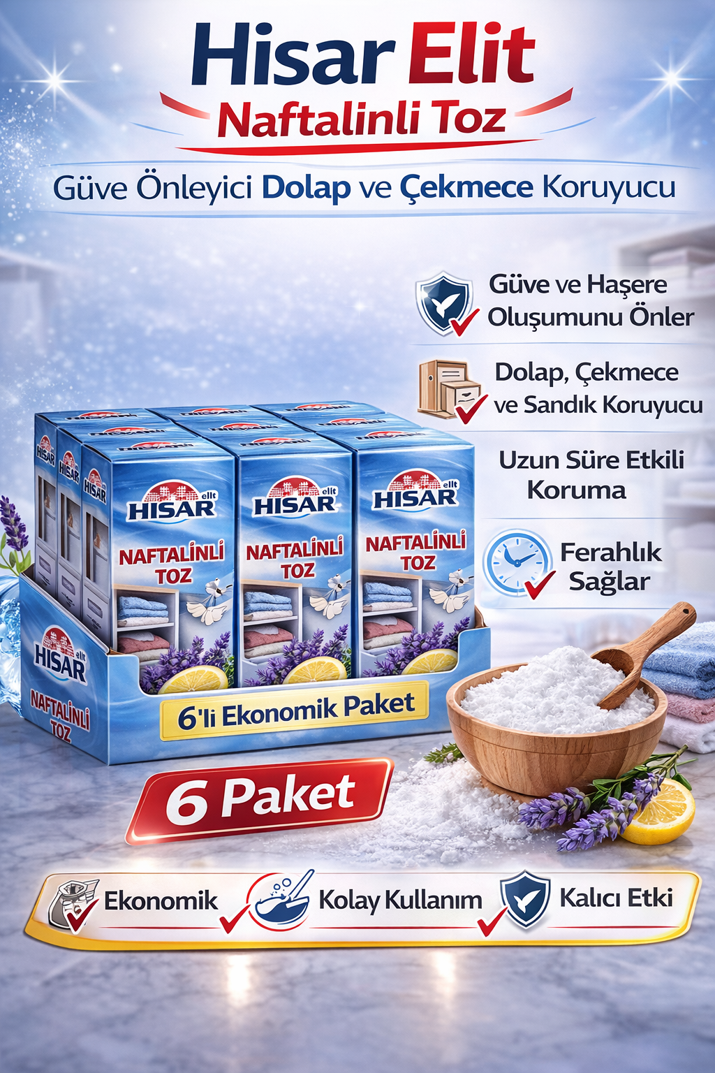 Hisar Elit Naftalinli Toz Güve Önleyici Dolap ve Çekmece Koruyucu 6 Adet