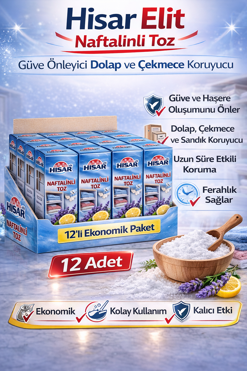 Hisar Elit Naftalinli Toz Güve Önleyici Dolap ve Çekmece Koruyucu 12 Adet