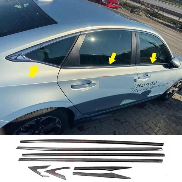 Honda Civic FE1 2022 ve Sonrası Uyumlu Paslanmaz Krom Alt Cam Çıtası 8 Parça