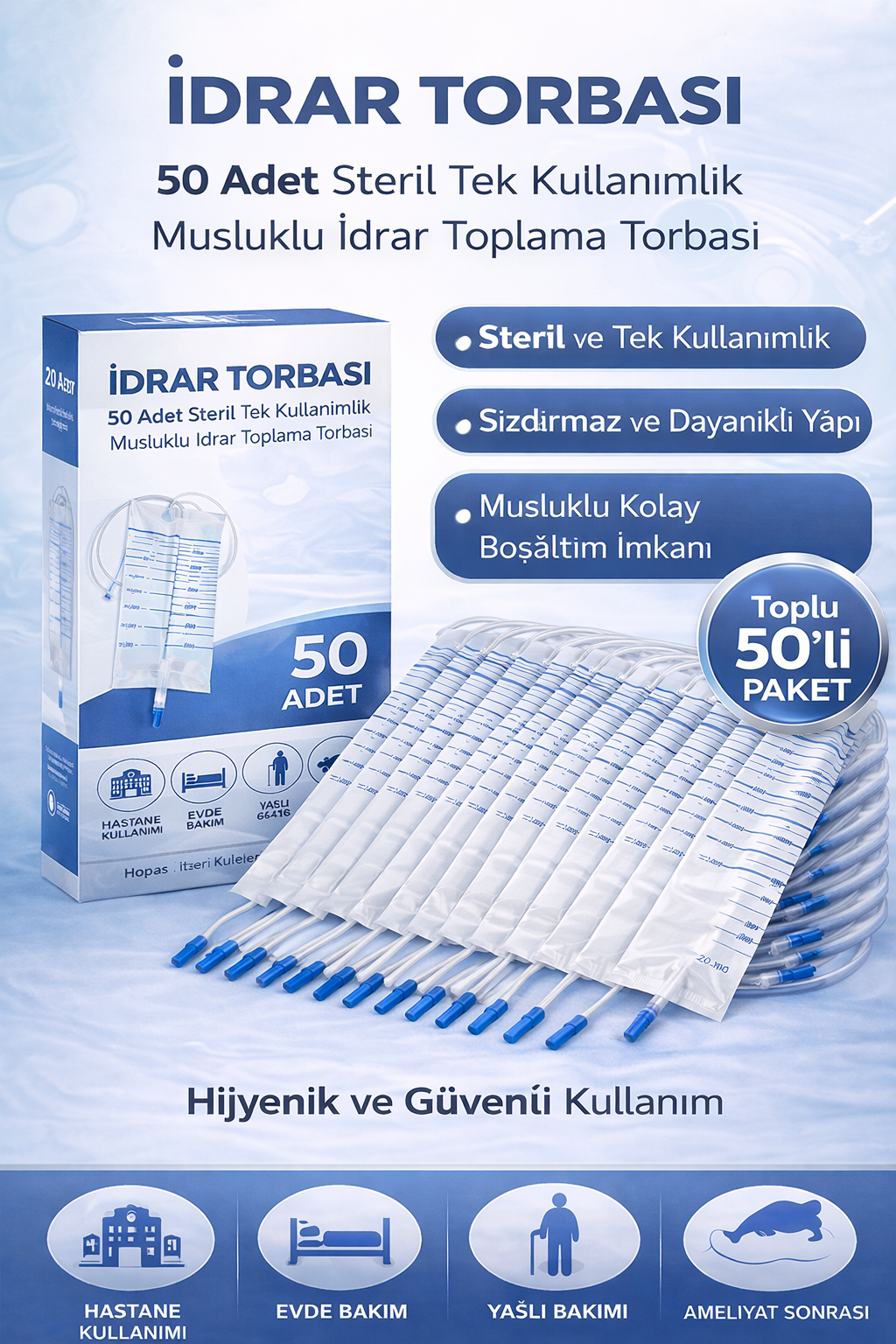 İdrar Torbası Steril Medikal İdrar Toplama Torbası 50 ADET