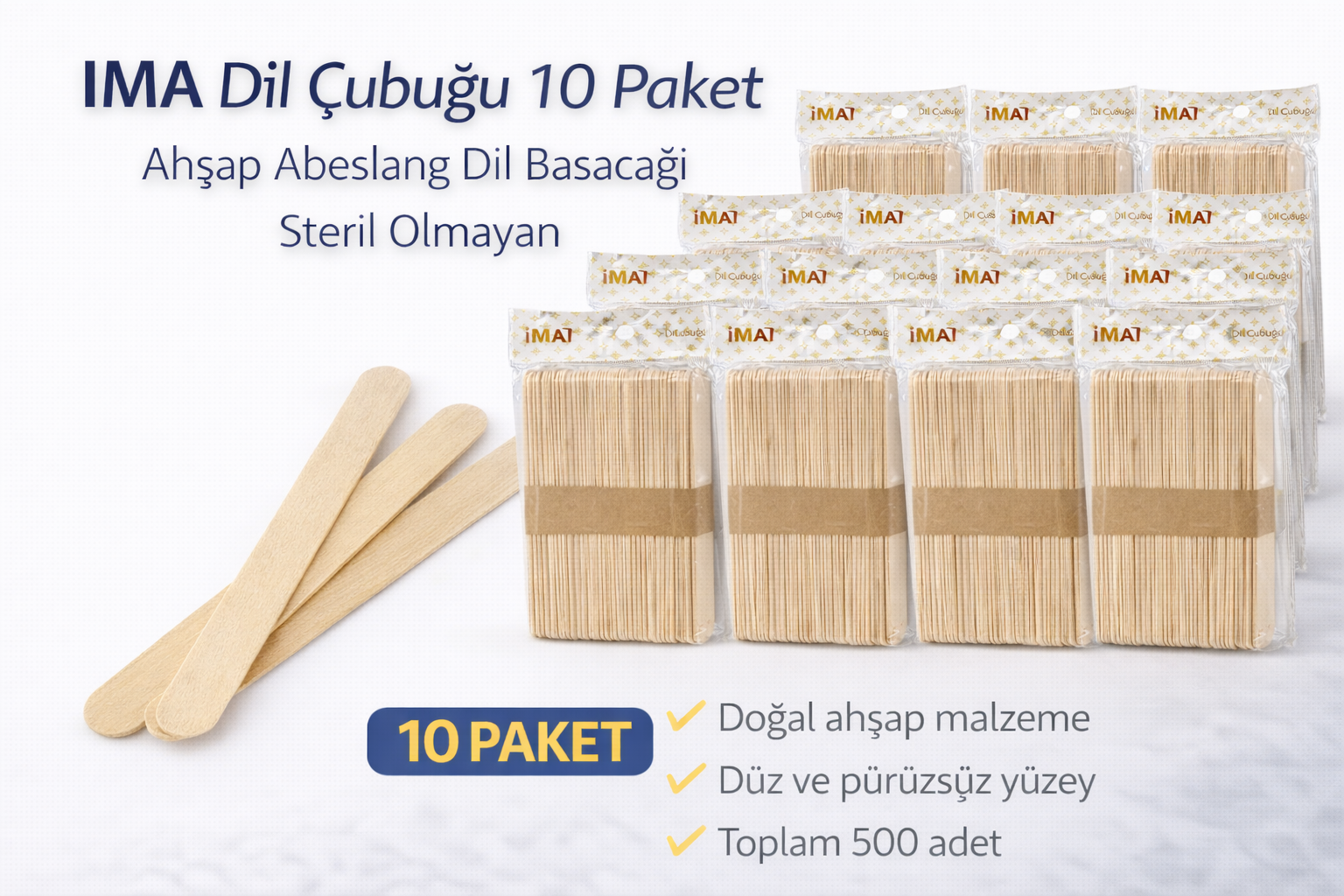 İMA Dil Çubuğu 50 Adet Ahşap Abeslang Steril Olmayan Tahta Dil Basacağı 10 Paket