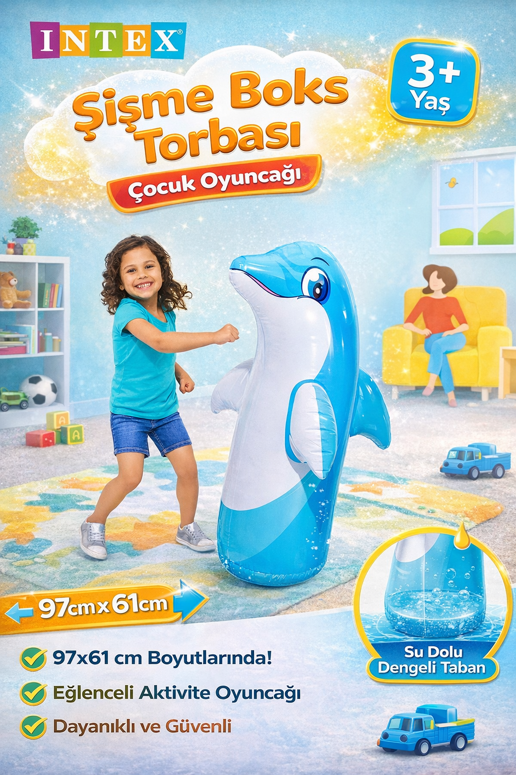 Intex 44669 Wet Set Şişme Boks Torbası Çocuk Oyuncağı 97x61 cm 3 Yaş Üzeri Eğlenceli Aktivite Oyunu