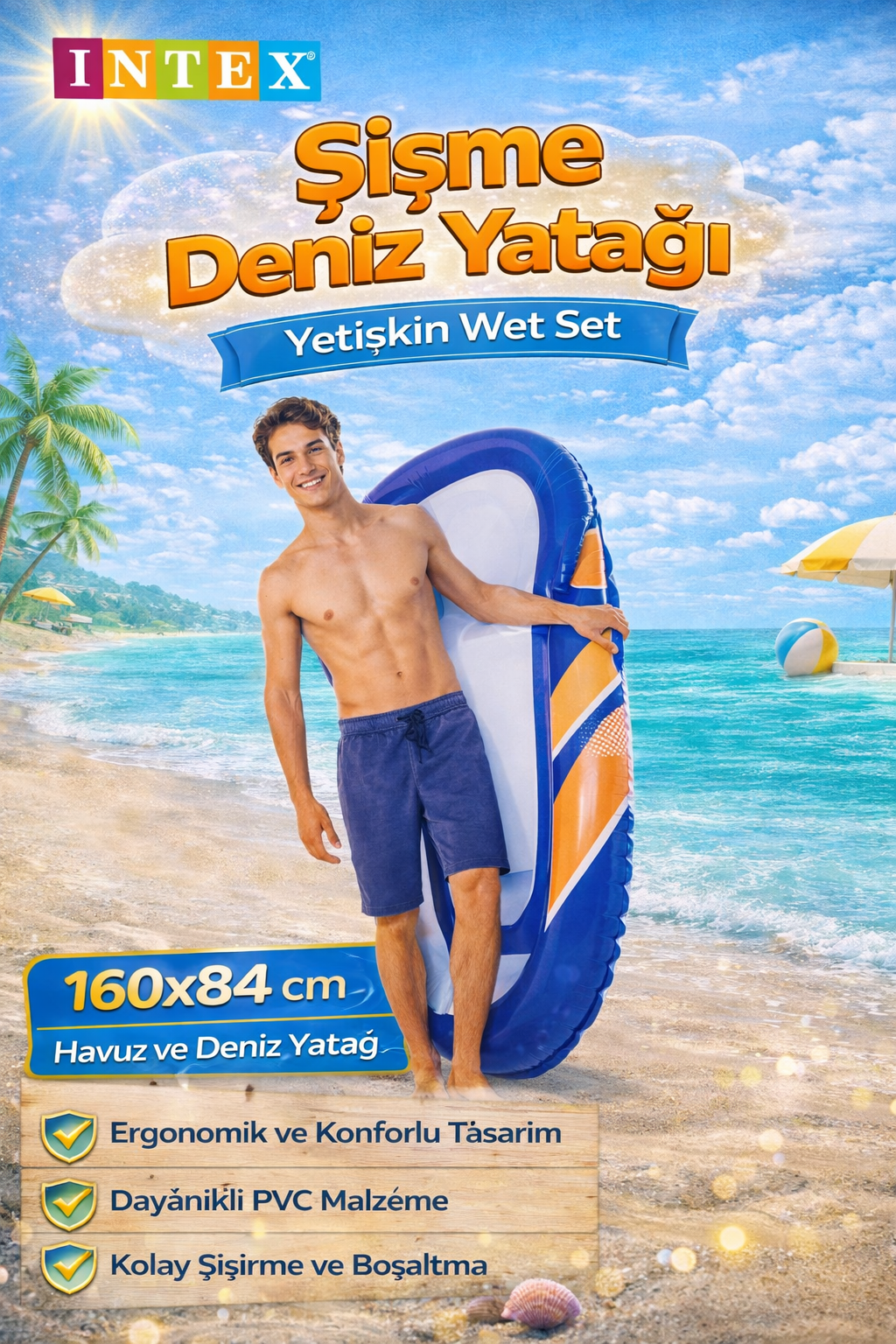 INTEX 58848 Şişme Deniz Yatağı Yetişkin Wet Set 160x84 cm Havuz ve Deniz Yatağı