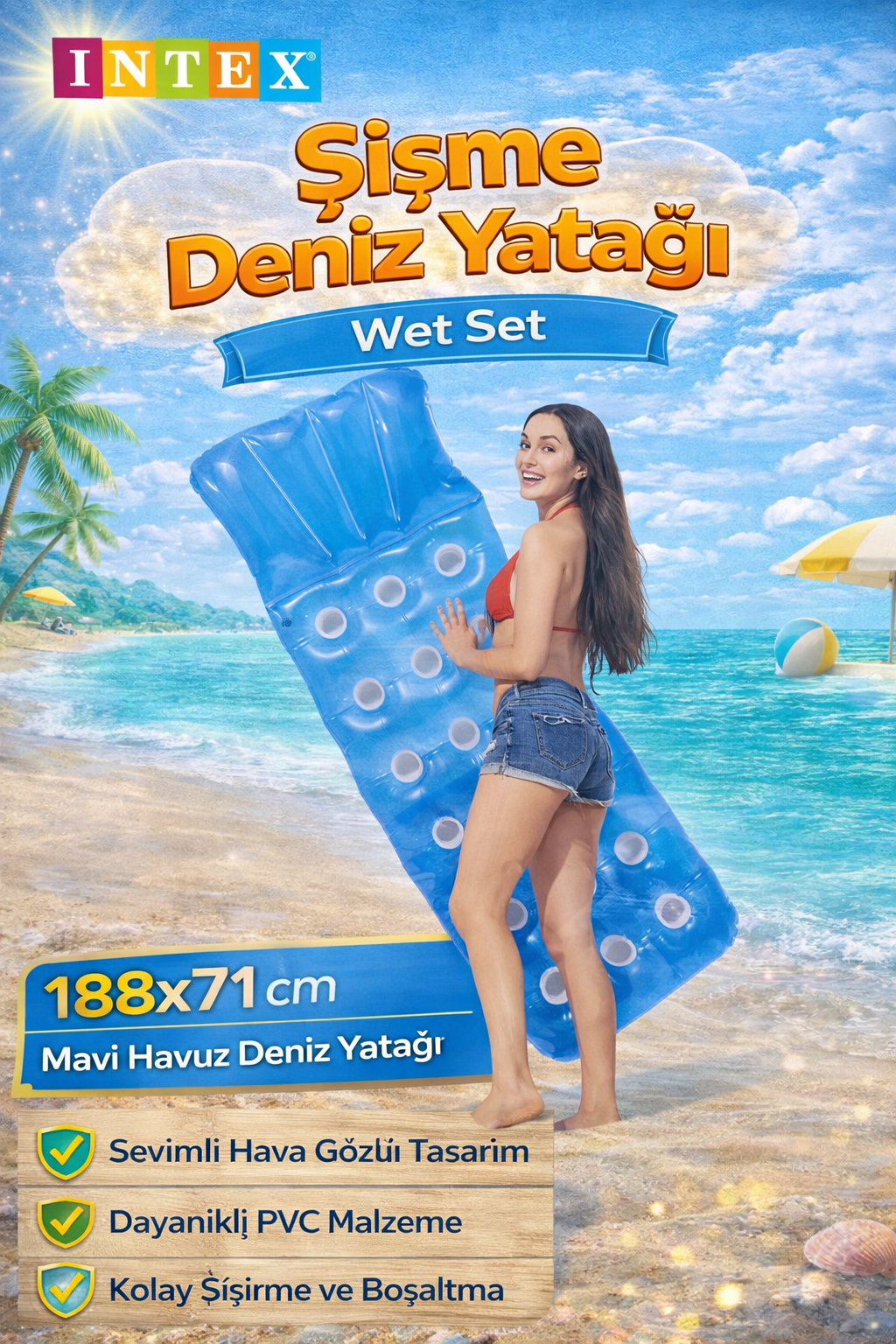 INTEX 59892 Wet Set Şişme Deniz Yatağı 188x71 cm Mavi Havuz Deniz Yatağı Dayanıklı PVC Yetişkin Şişme Yatak